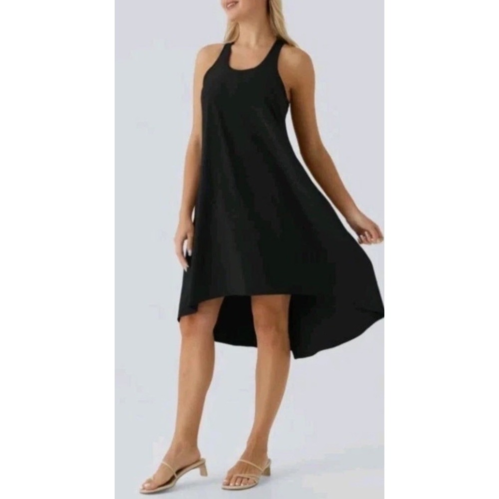 Halara Breezeful Black Racerback Midi Dress Pockets High Low Flowy Athletic M